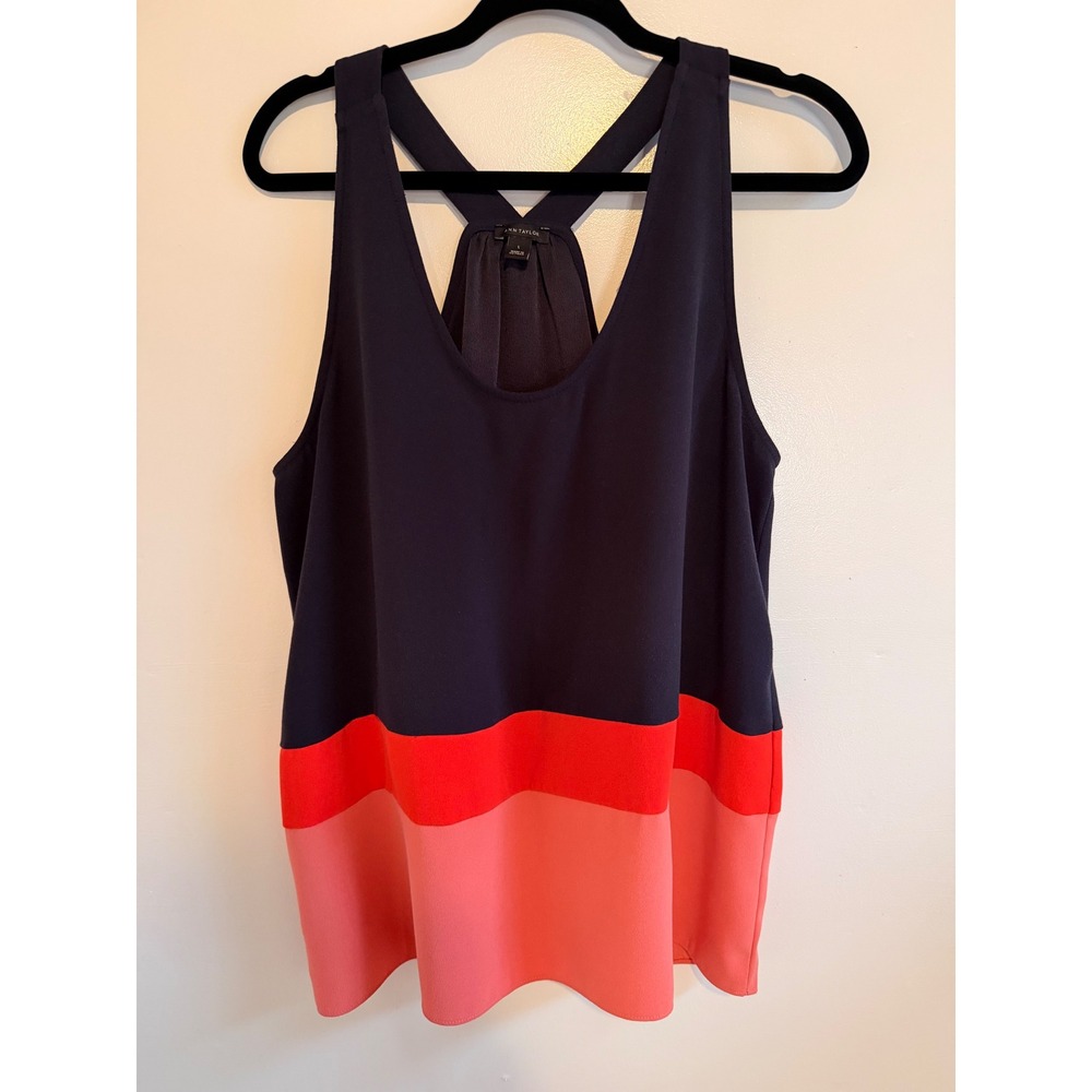 Ann Taylor Tank Top Women Large Navy Coral Orange Colorblock Racerback Blouse - Picture 2 of 8
